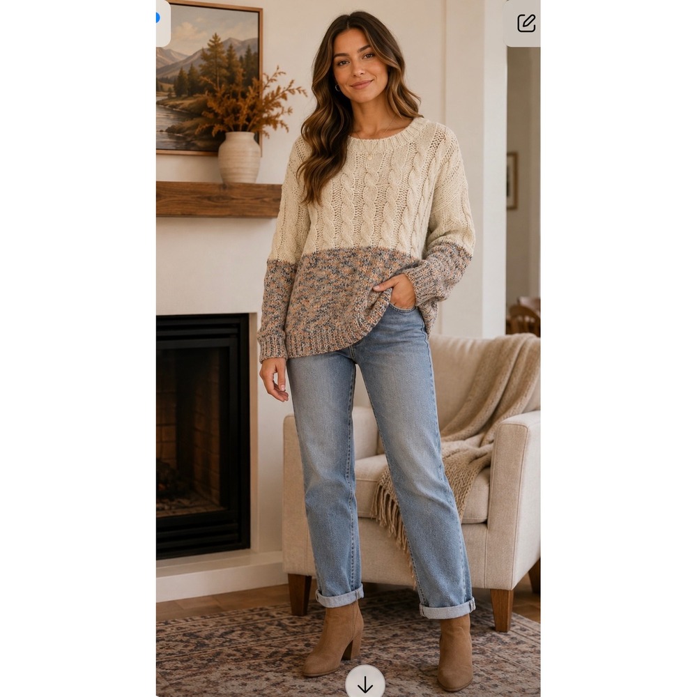 Entro Women Cream Cable Knit Colorblock Marled Space Dye Sweater Small